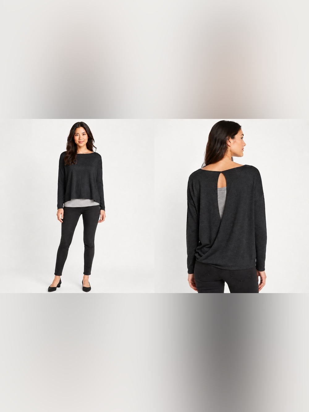 Eileen Fisher Black long sleeve merino wool Neck Box Top w/ Open Back size S